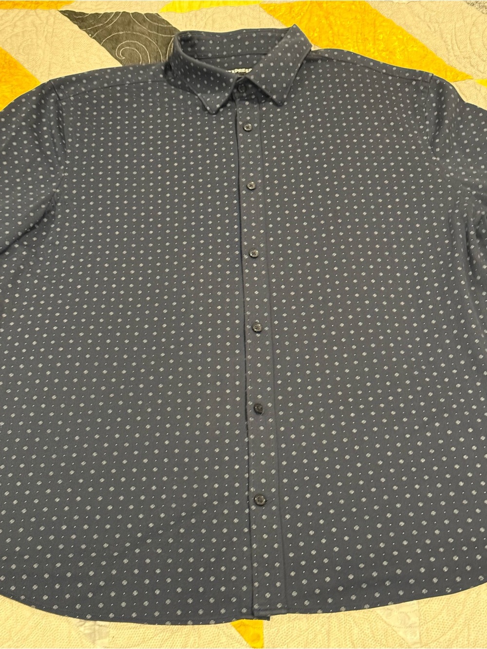 Express Men’s Navy Button-Down Shirt with White Micro Dot Print